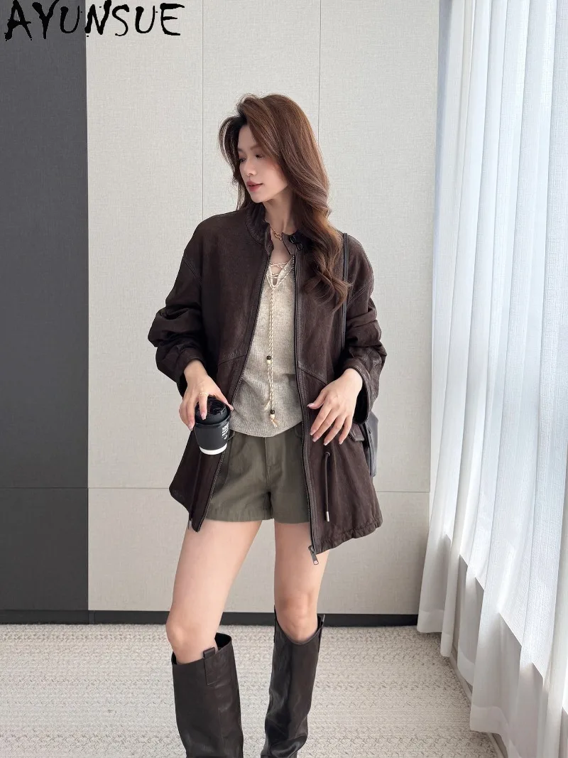 AYUNSUE Womens Genuine Sheepskin Leather Jacket Suede Stand Collar Clothing Real Leather Jacket Women Vintage High-End Fashion