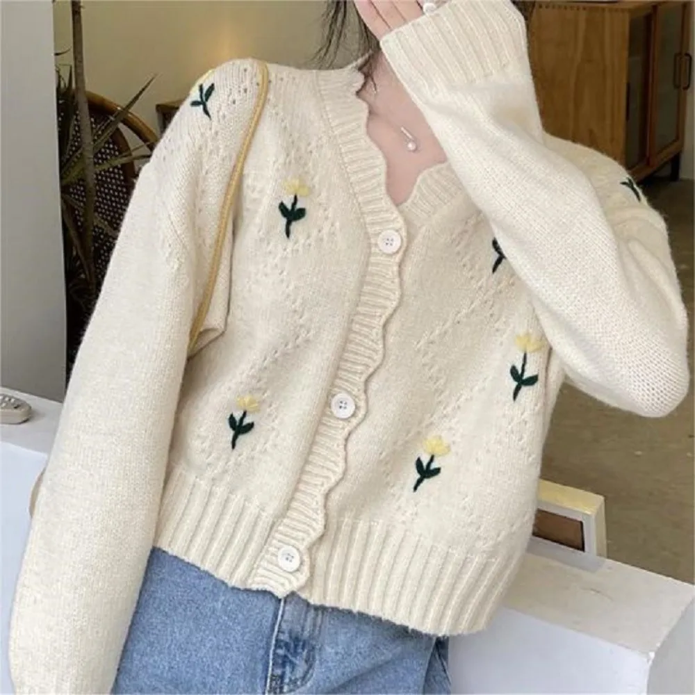 

Candy Color Short Knitted Sweater Flower Embroidery Slim Women Knitted Cardigan INS Long Sleeve Korean Style Sweater Winter