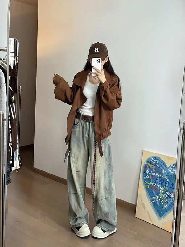 

Ретро-джинсы в американском стиле с эффектом калейсона, с высокой талией, широкими штанинами, рабочие, женские, осенний дизайн, свободный крой