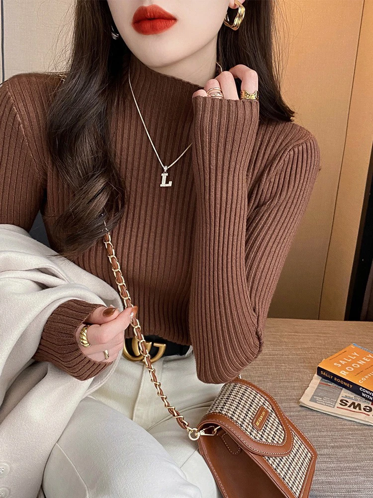 Women Autumn Half Turtleneck Sweater Ribbed Long Sleeve Knitted Basic Solid Pullover Sweater Female Winter Soft Slim Jumpers Top