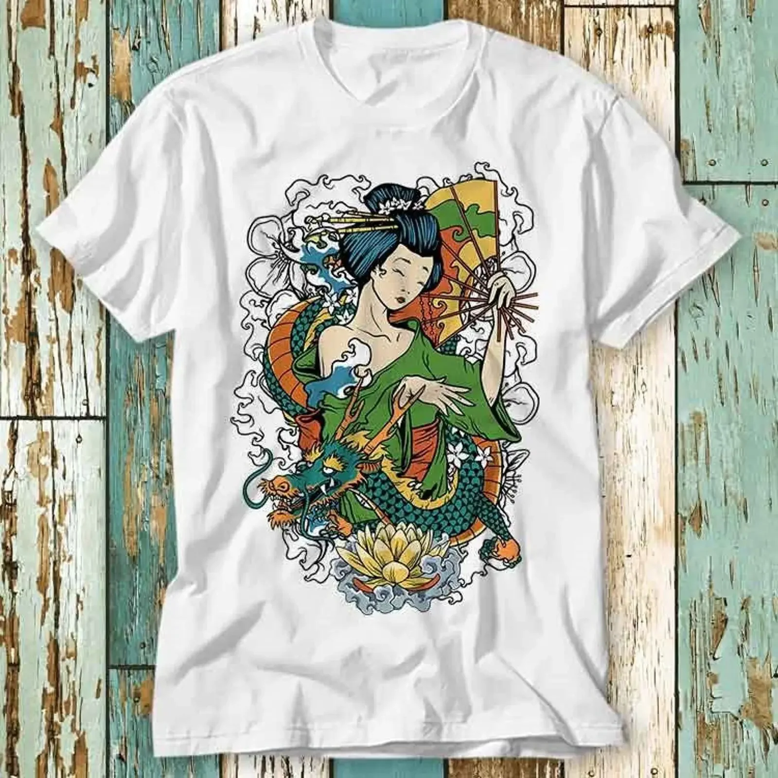 Geisha Tokyo Japan Japanese Art Dragon Flowers T Shirt Top Design Ladies Mens Retro Fashion Vintage S723 vintage Washed