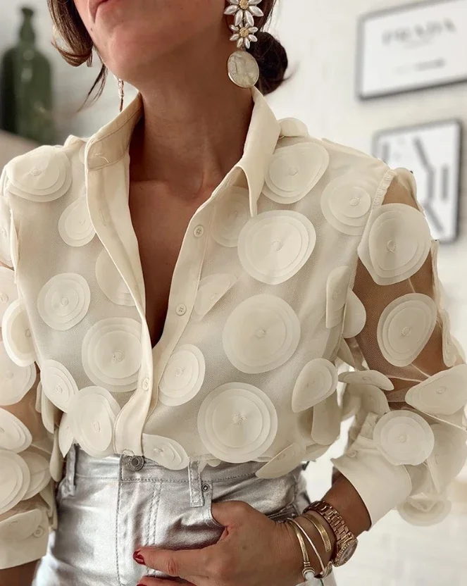 Long Sleeve Women\'s Fashion Blouses 2024 Floral Pattern Sheer Mesh Patch Top Casual Elegant Fashion Button Loose Blusas Mujer
