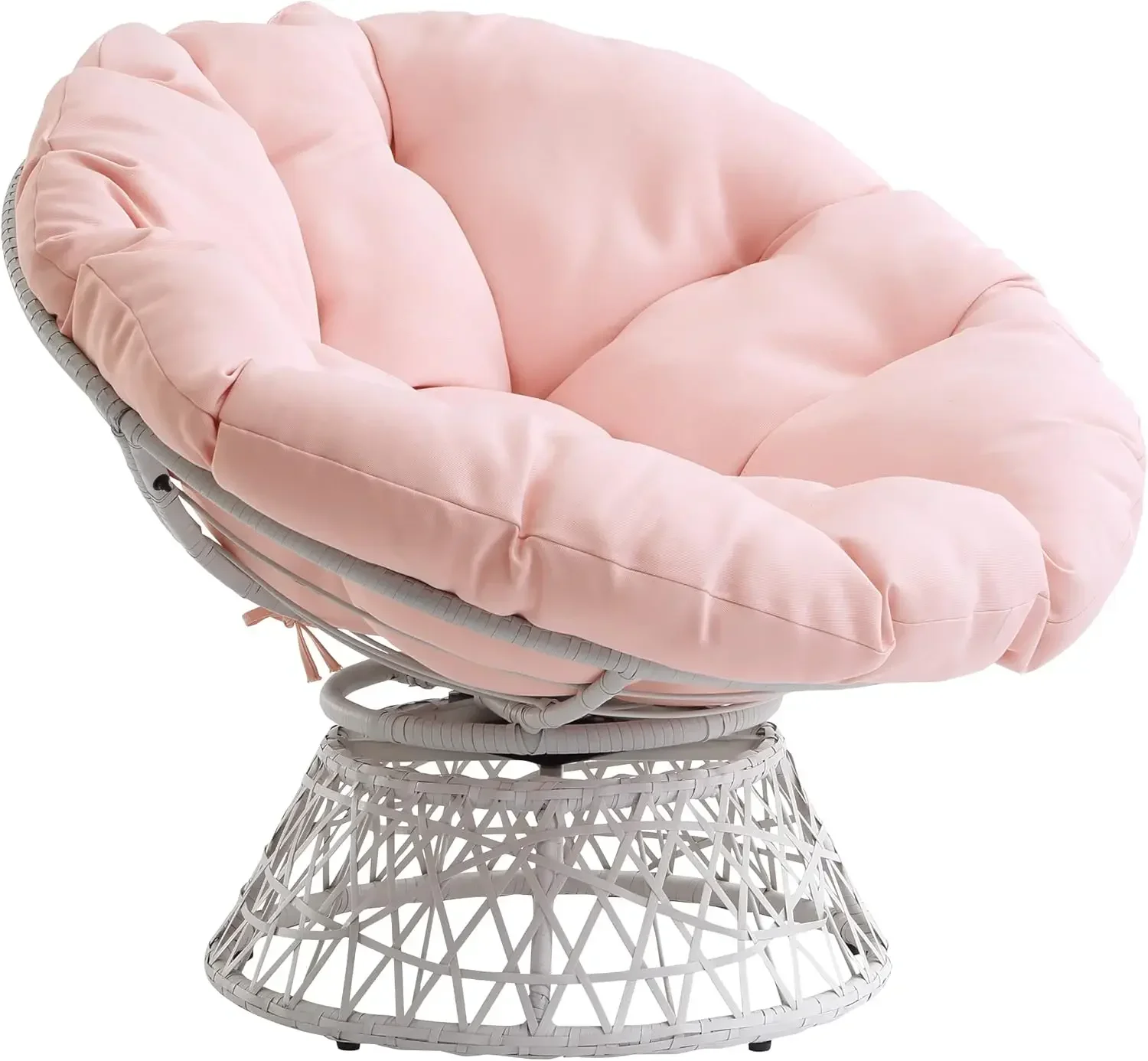 Home Sofa Wicker Papasan Chair with 360-Degree Swivel, Cream Frame with Pink Cushion