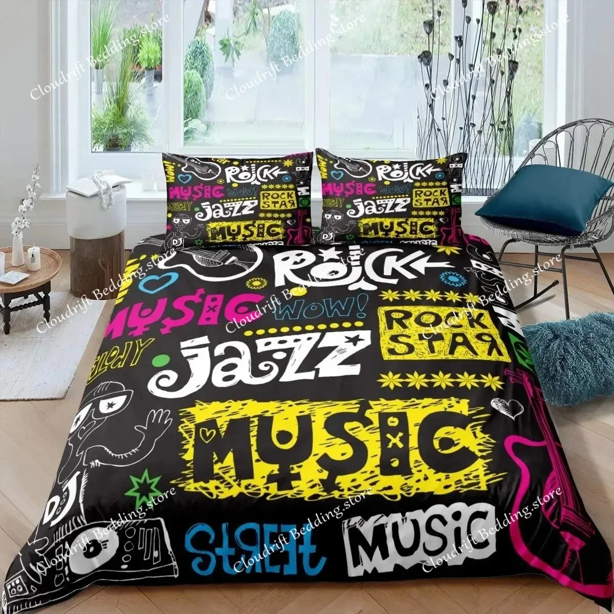 Guitar Bedding Set Punk Rock Music Duvet Cover Set For Kids Teens Boys Young Man Rotating Musical Instrument Comforter Cover