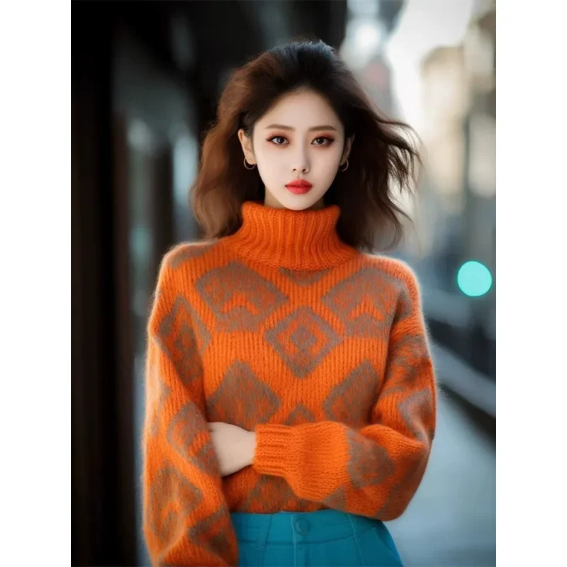 سترة جميلة محبوكة بلون اليقطين بياقة عالية مطرزة باللون البرتقالي سترة خريف وشتاء ملابس تريكو نسائية عصرية #4