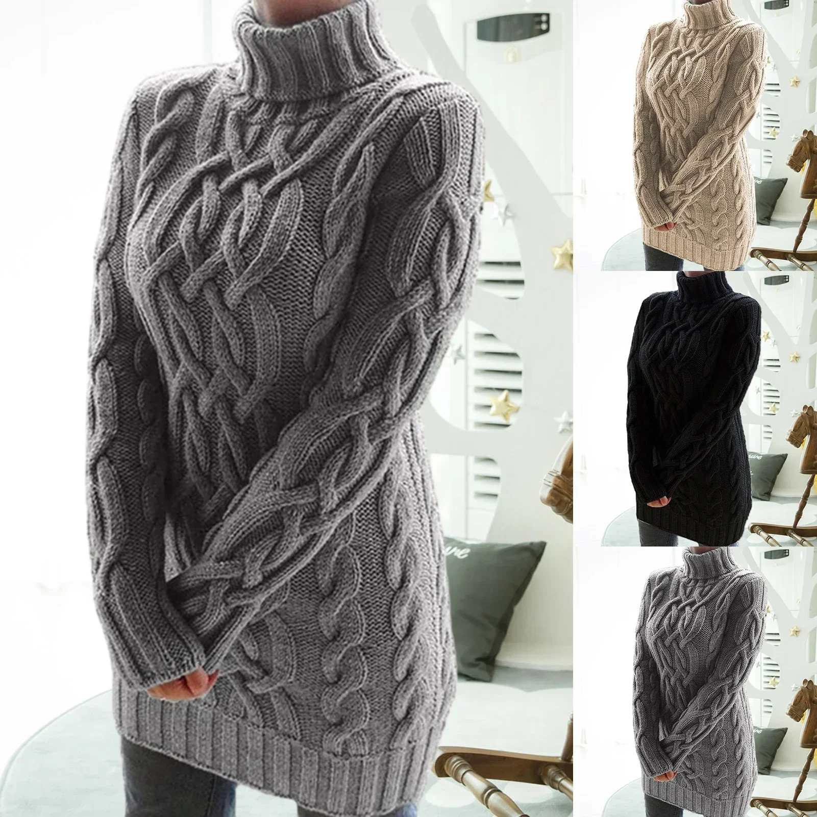 

HOT SALE Women Turtleneck Twist Knitted Long Sleeve Warm Sweater Autumn Winter Mini Dress Thickened Pullover Retro