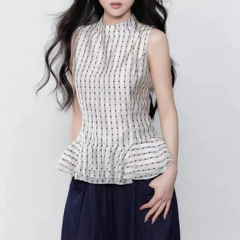 

Women's White Black Polka Dot Striped Sleeveless Mock Neck Peplum Blouse - Elegant Ruffle Hem Top for Office