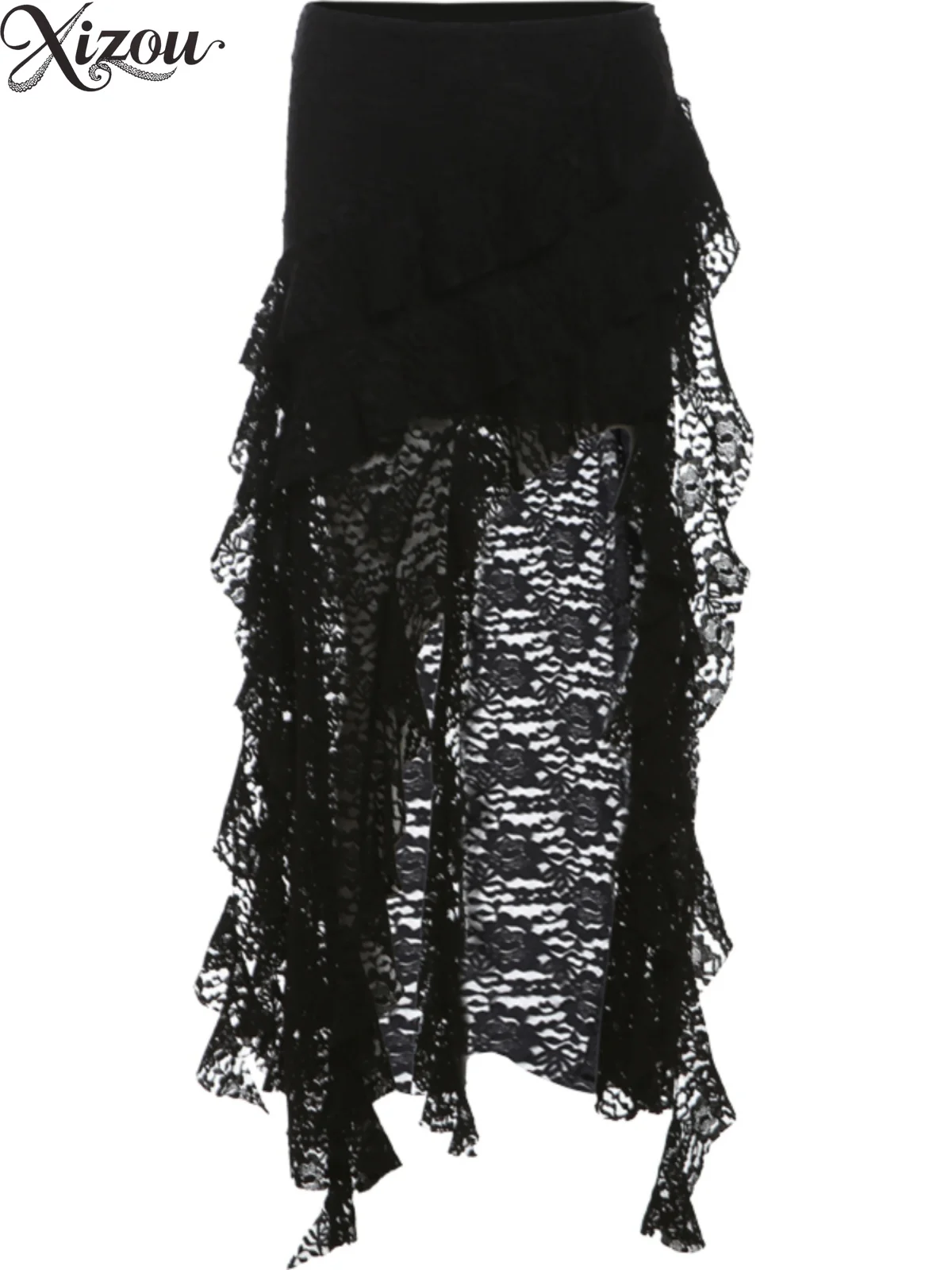 

2025 Y2K Girl Lace Skirt High Waist Irregular Ruffle Mini Gothic Punk Mesh Hem Sexy Party Women Summer Floral Sexy Midi Skirts