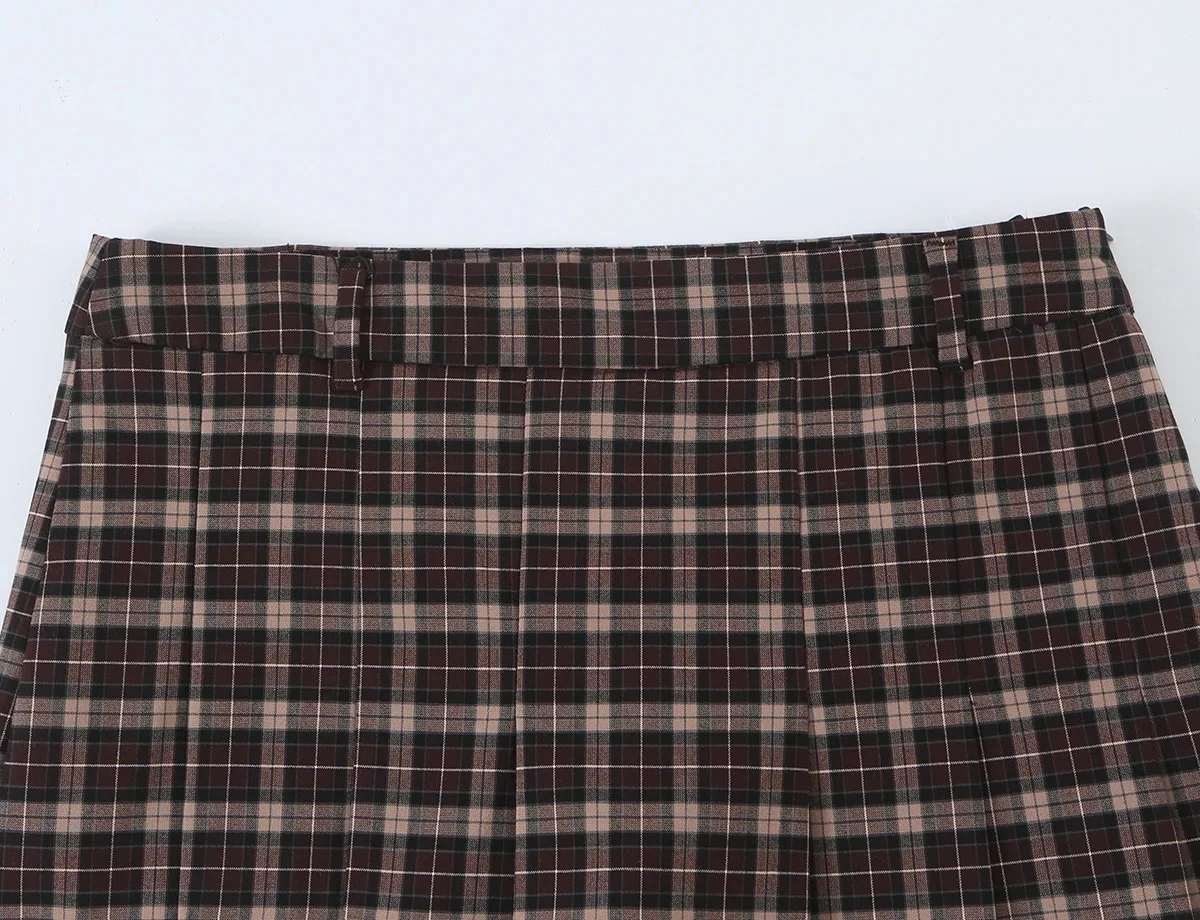 KONDALA Damen Vintage Lässiger Karierter Minirock-Anzug 2026 Herbst Trendiges Klassisches Retro-Set mit Stehkragen-Jacke und Weitgefalteten Culottes – Detail 22