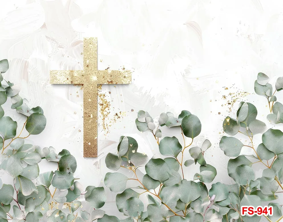 Caixas de Fotografia Golden Cross, Minha Primeira Comunhão, God Bless, Batizado Recém-nascido, Folhas Verdes, Crianças Batismo Backgrounds