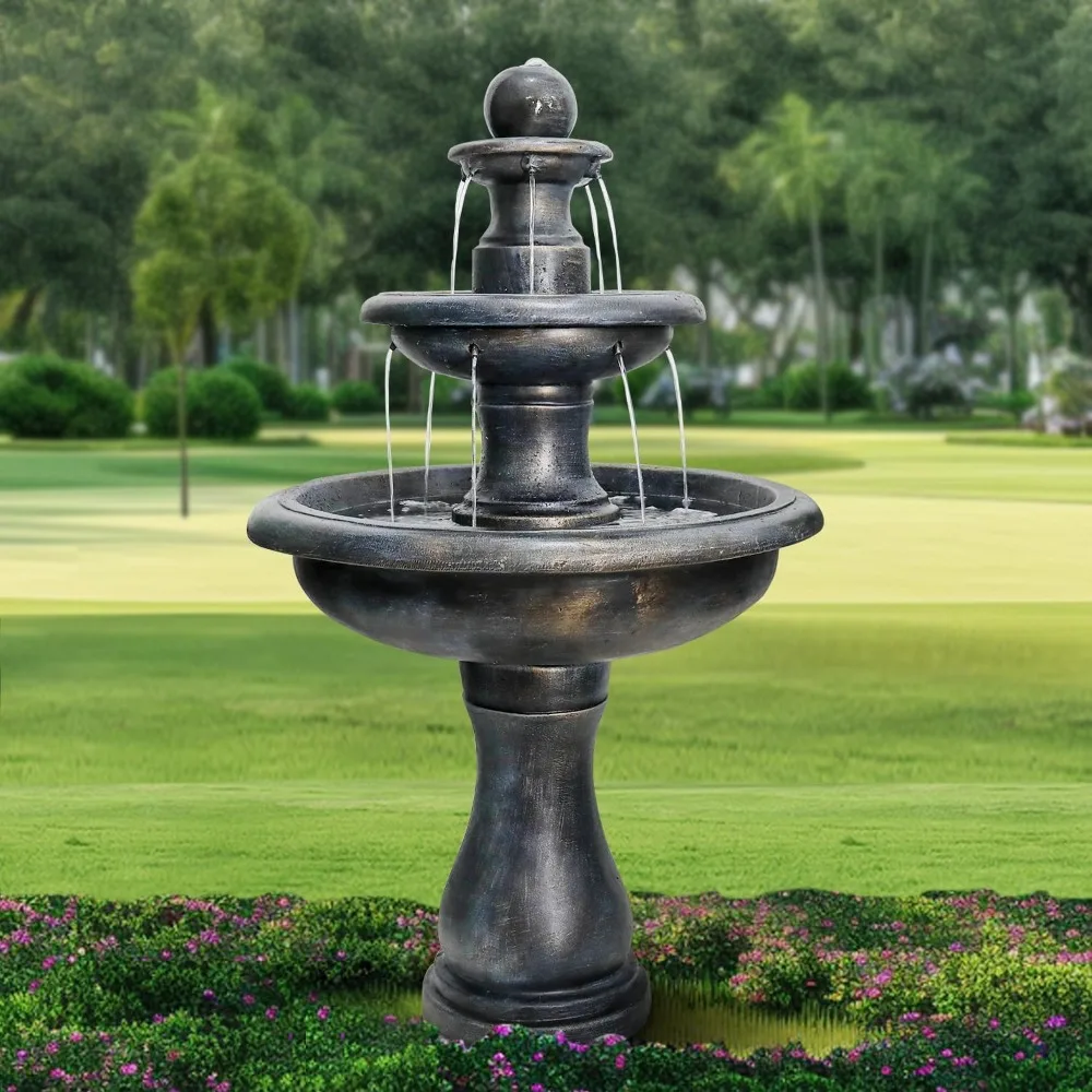 

45.2” H Outdoor Floor Water Fountain, 3-Tiers Concrete Water Fountain with Submersible Electric Pump - Garden Cascading