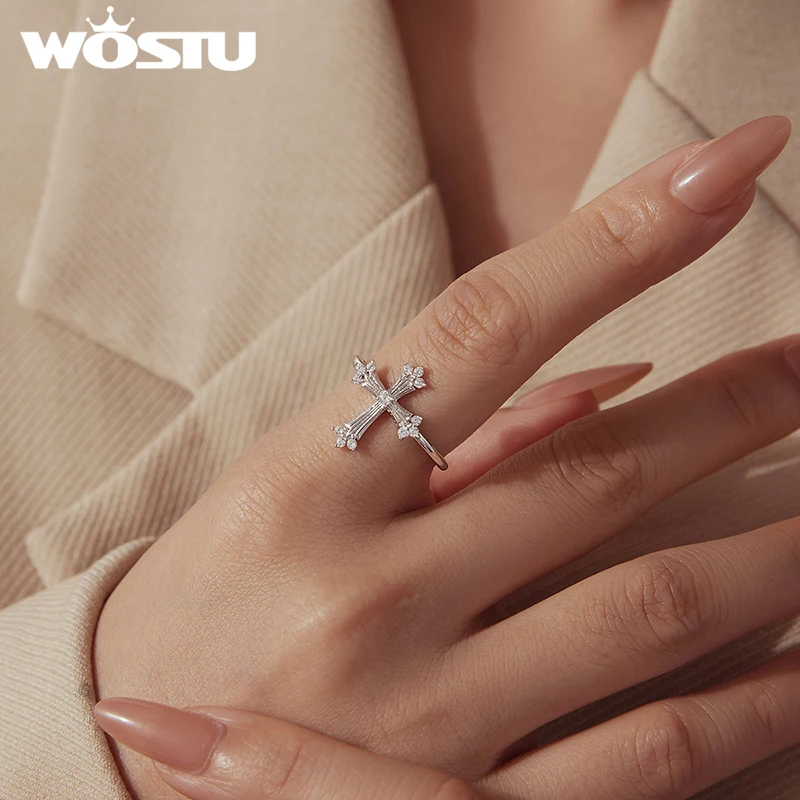 WOSTU White Gold Plated Cross Ring with Cubic Zirconia, Adjustable Open Opening Rings Fashion Jewelry for Women Family Gift
