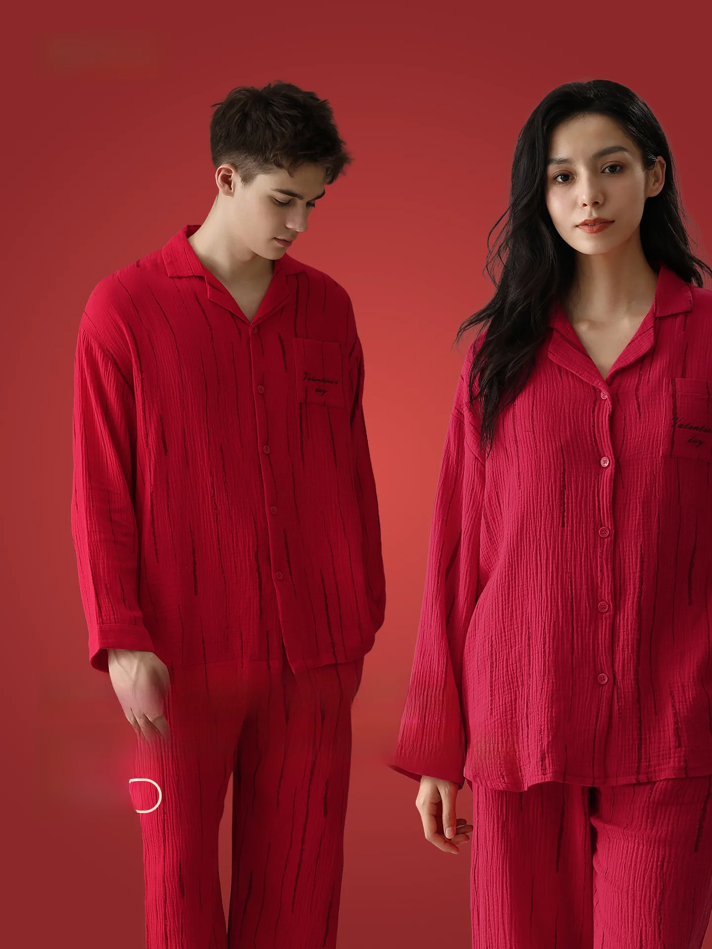 

Комплект домашней одежды Yunyu из двухслойного хлопка с подкладкой, красный, для пары, дышащий, комфортный, с длинными рукавами