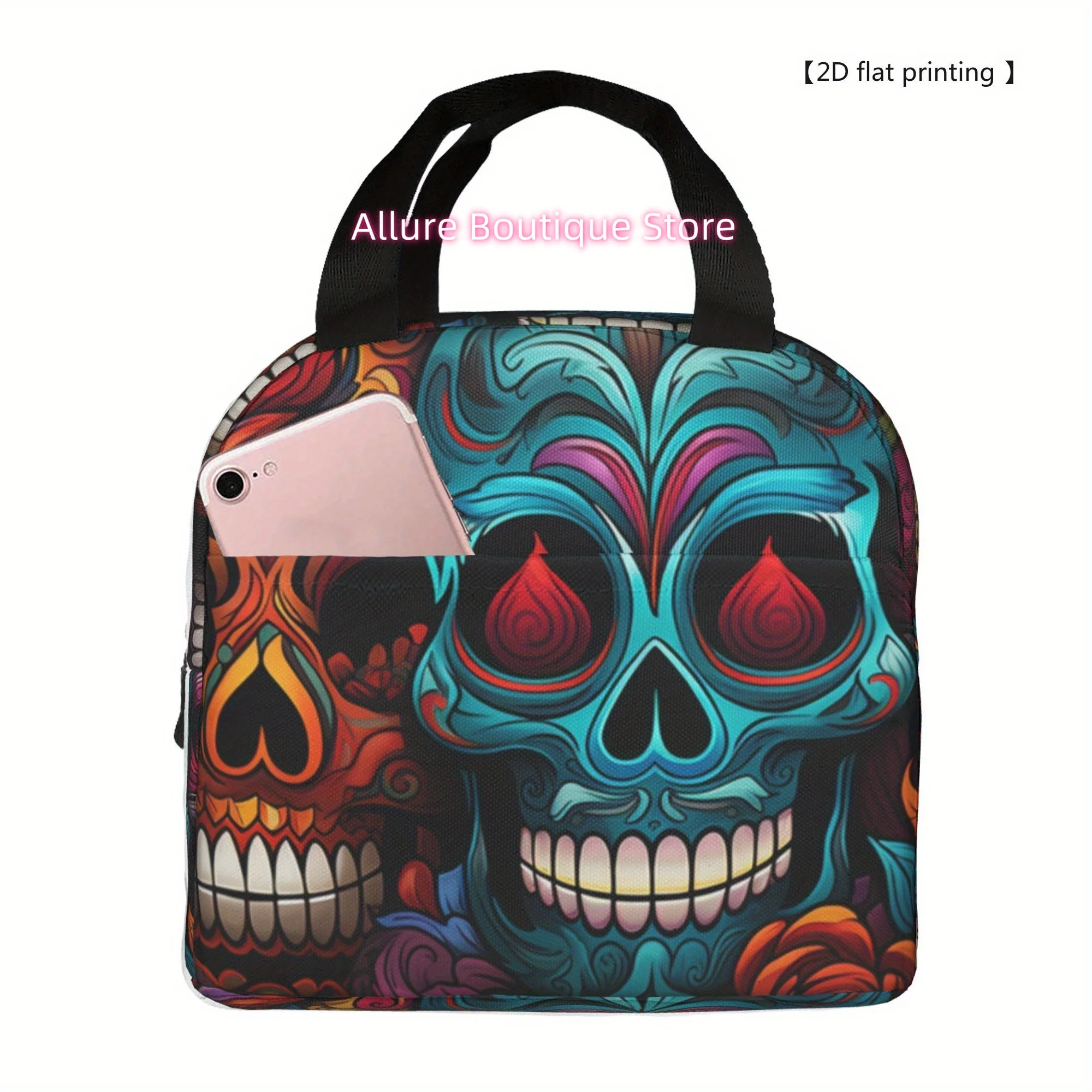 1pc [ 2D flat printing] Colorful skull Portable Reusable Cooler Bag, Lunch bag Boxed meal package top - handle bag lunch bag for