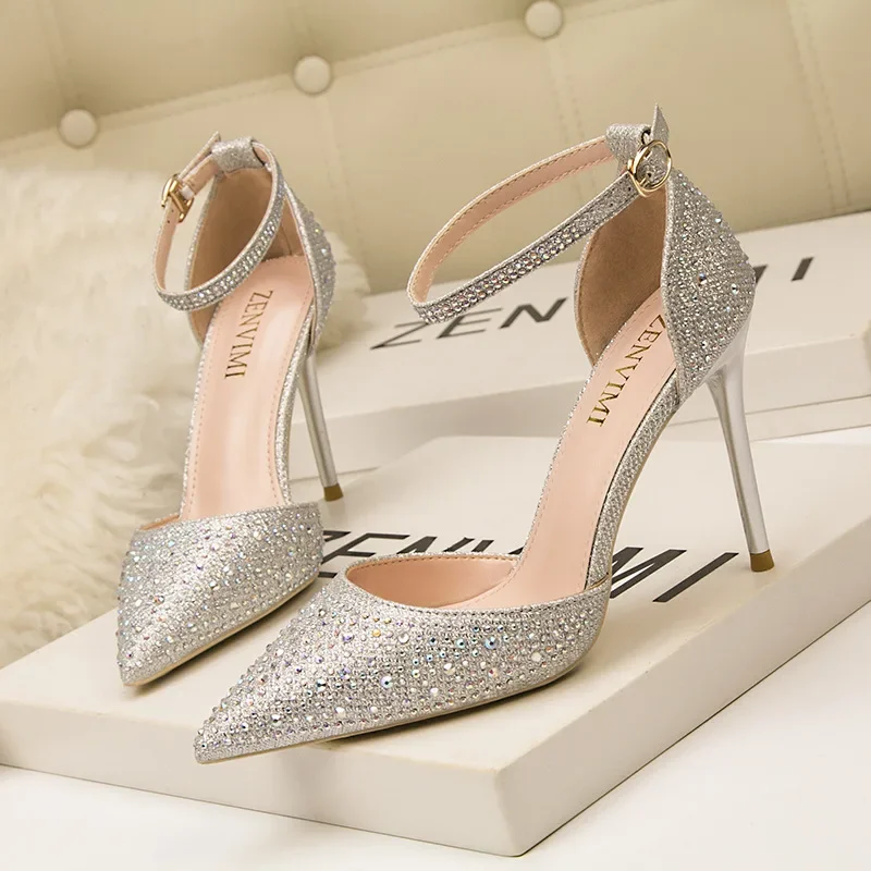 

Women's Sexy Crystal Pointed Toe Party Wedding Shoes 10CM Korean Fashion Ankle Buckle High Heels Female Sandals Shallow