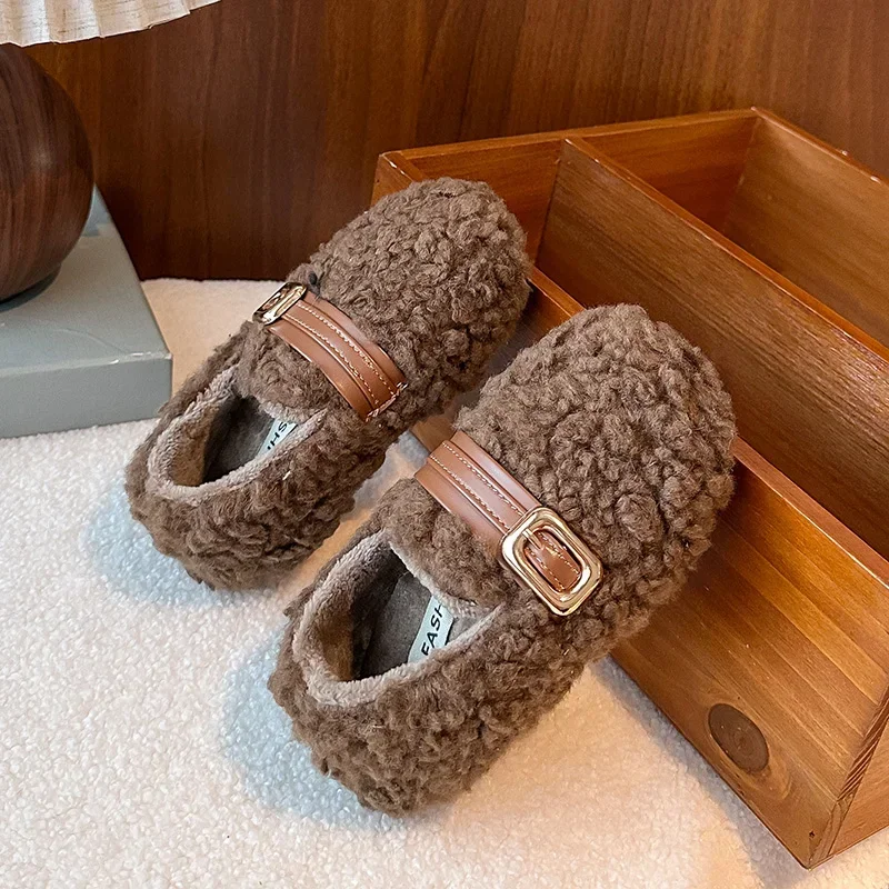 Fleece Style House Shoes, Kids Vintage Warm Indoor Slippers with Metal Buckle, Non-Slip Soft Sole Little Kids Home Shoes