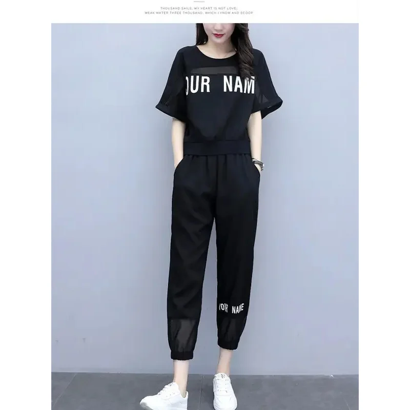 Sports Suit Black Print Short Sleeved T-Shirt Suit Korean Version Fashion Fitness Two-piece Set Female 2022 New Loose Pants Set