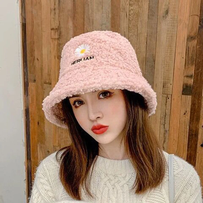 Lamb Faux Bucket Hat Winter Warm Plush Velvet Hats For Women Lady Thicken Bob Panama Outdoor Fisherman Hat Caps