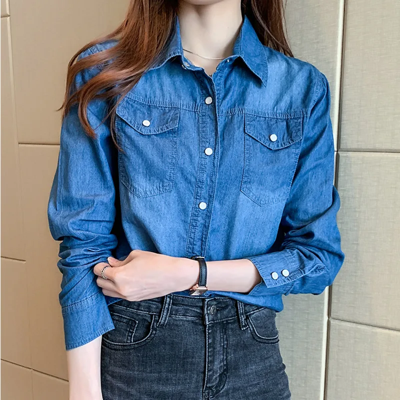 #3120 Vintage Casual Blue Denim Shirt Women Long Sleeve Office Womens Tops And Blouses Slim Fit Jeans Shirt Female Spring Autumn