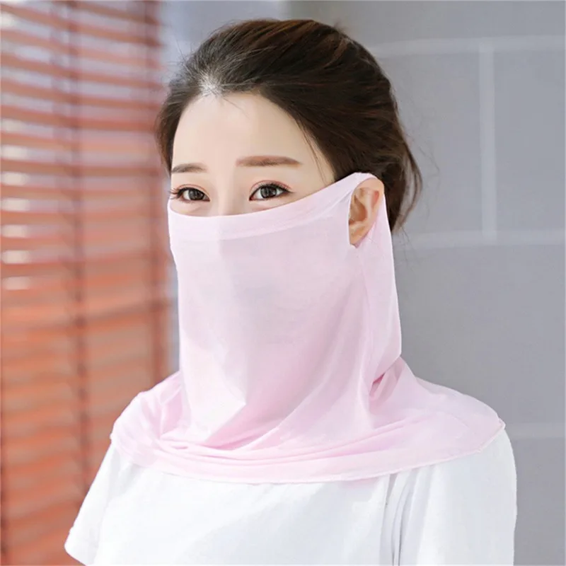 Solid Color Ice Silk Mask Sun Proof Bib UV Protection Sunscreen Face Scarf Hanging Ear Neck Wrap Cover Face Cover Hiking