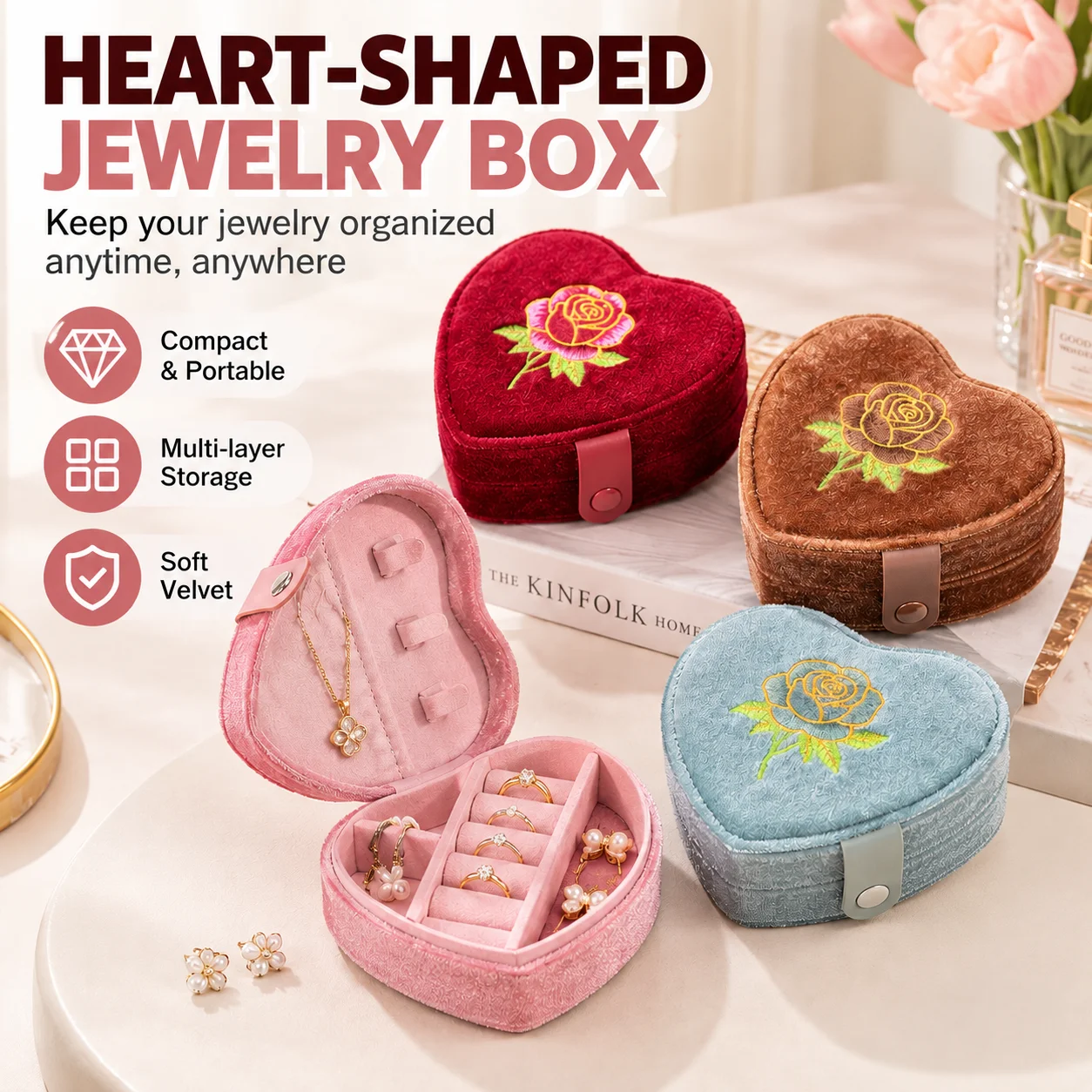 Heart Shaped Jewelry Box Velvet finish Rose Embroidered Portable Travel Storage Case Earring Box Gift Packaging Organizer