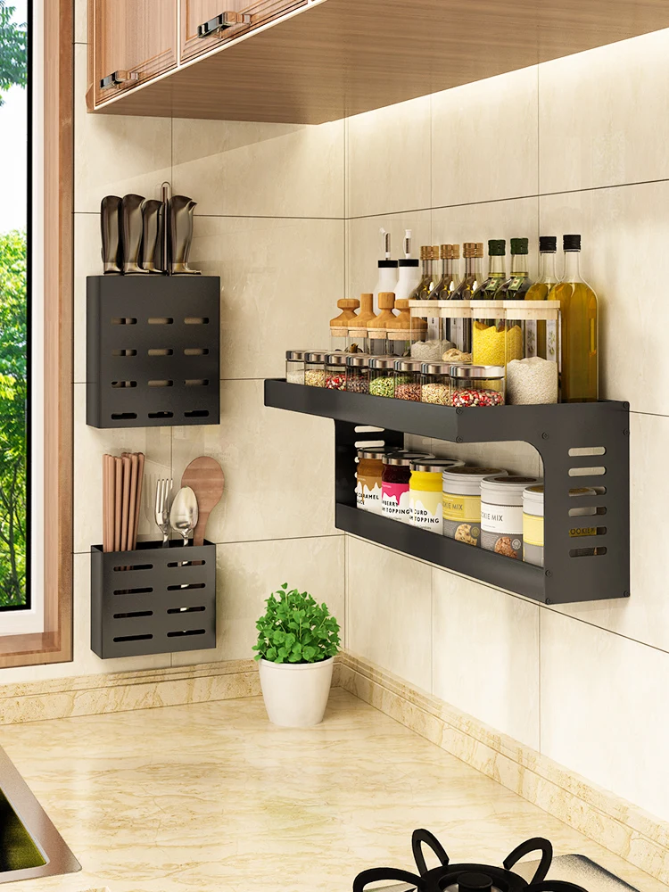 Kitchen shelving wall mounted non perforated wall seasoning supplies for household storage