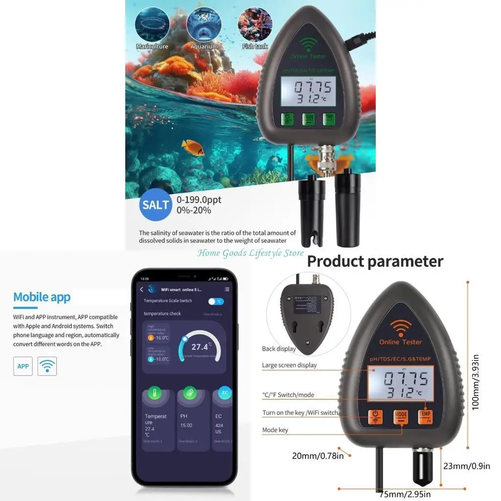 

E74E 5 в 1 тестер качества воды с подключением по Wi-Fi и мониторингом в реальном времени