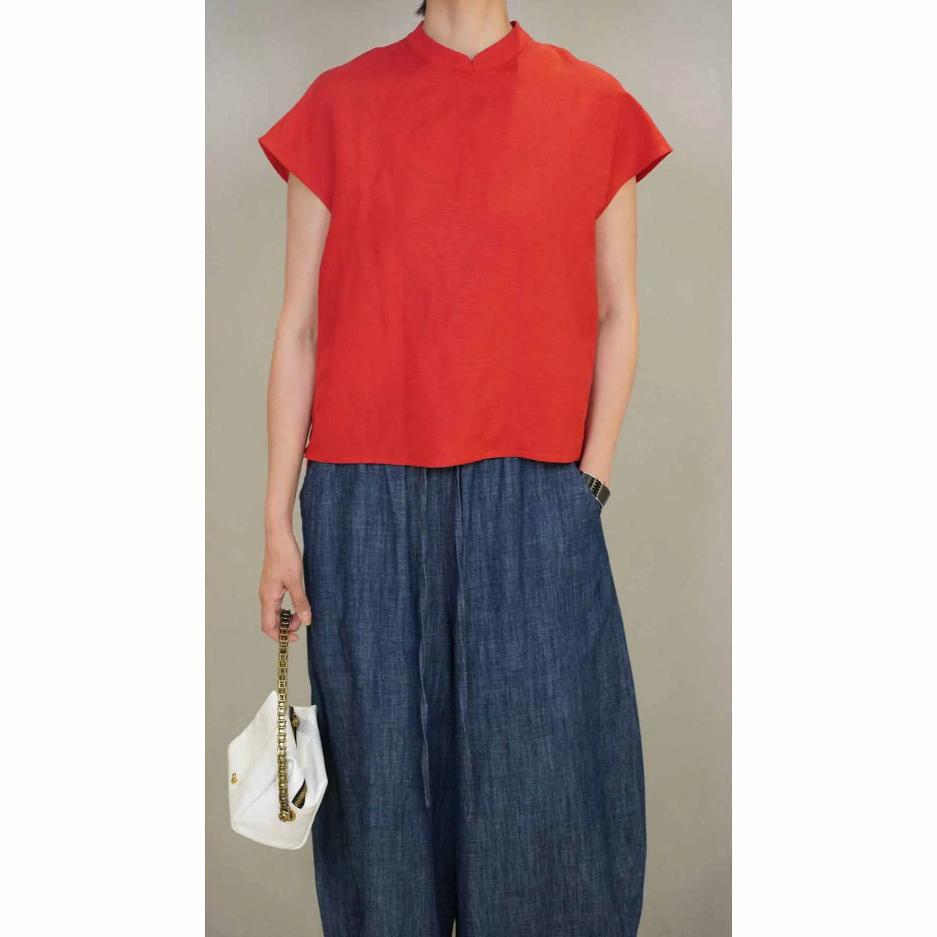 

New Chinese Sle irt Raindrop Hemp National Sle Oblique Collar Small irt Commute Sle Loose Fit ort Sve Stand Co...