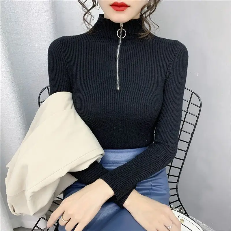 Slim Fit Long Sleeve Zipper Neck T-Shirt Women's Base Shirt Half High Collar Overhead Korean Style Commute Autumn Winter Top