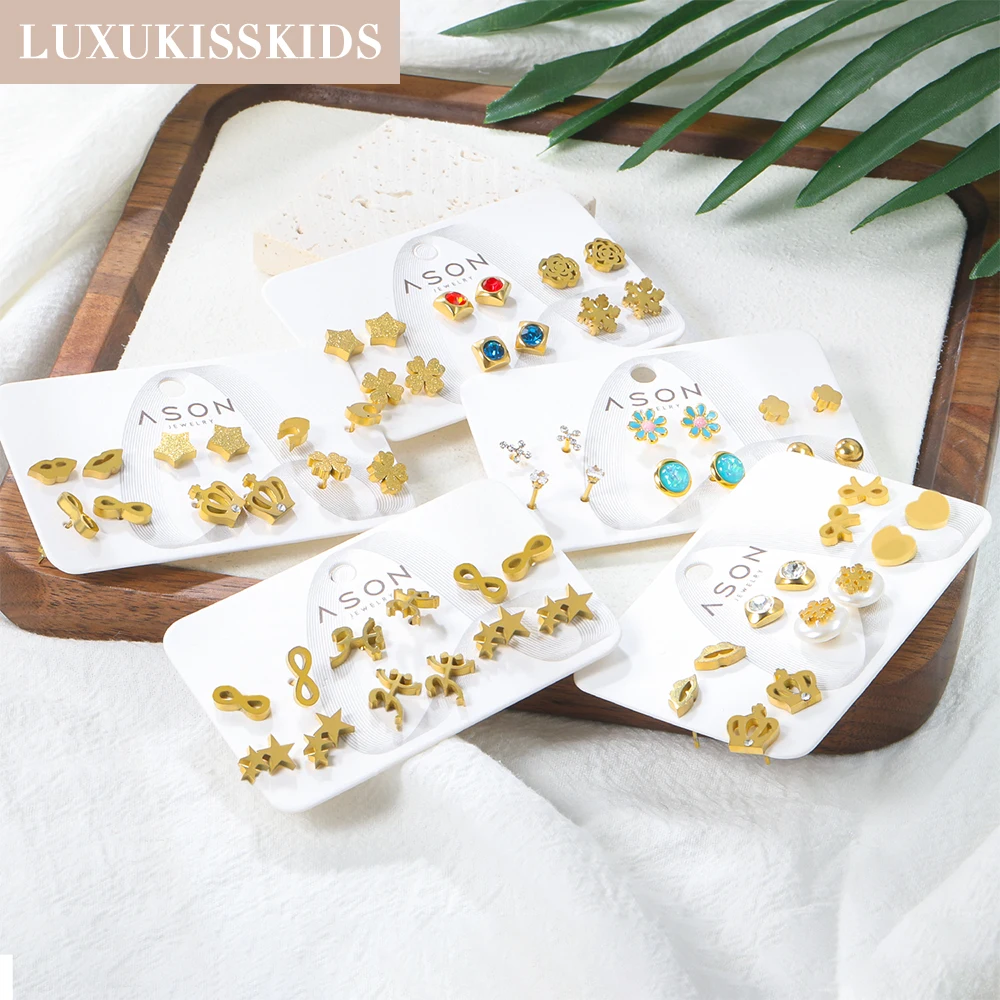 LUXUKISSKIDS 6Pairs/Lots Wholesale Tiny Earrings Sets Moon/Stars Stainless Steel Small серьги Studs Frosted Ear Piercing Jewelry