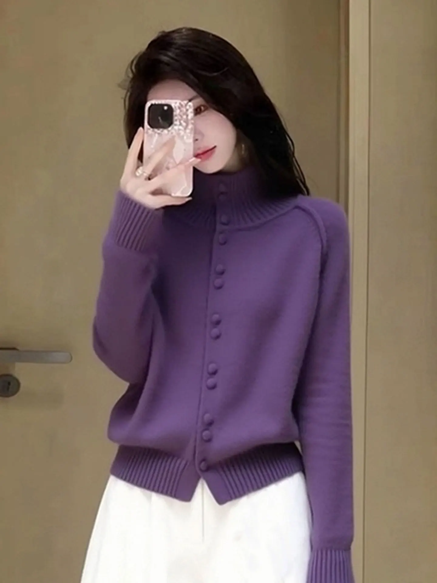 

Korean Sle Long Sve Purple Knitted irt Versatile Winter High End Sweater Women's Comfortable Fit Warmth Faion Top