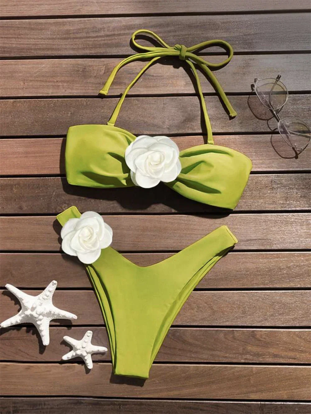 3D Flower Bikinis Bowknot Bandage Back Bandeau Swimwear Push Up Bathing Suit Y2K Floral Beach Swimsuit Thong Women Vacation Sets