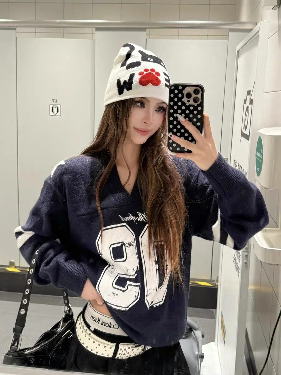 

American Retro V-Ne Sweater Men's Casual Loose Knitted Winter Autumn Faion for Couples Cartoon Print Long Sve Thermal