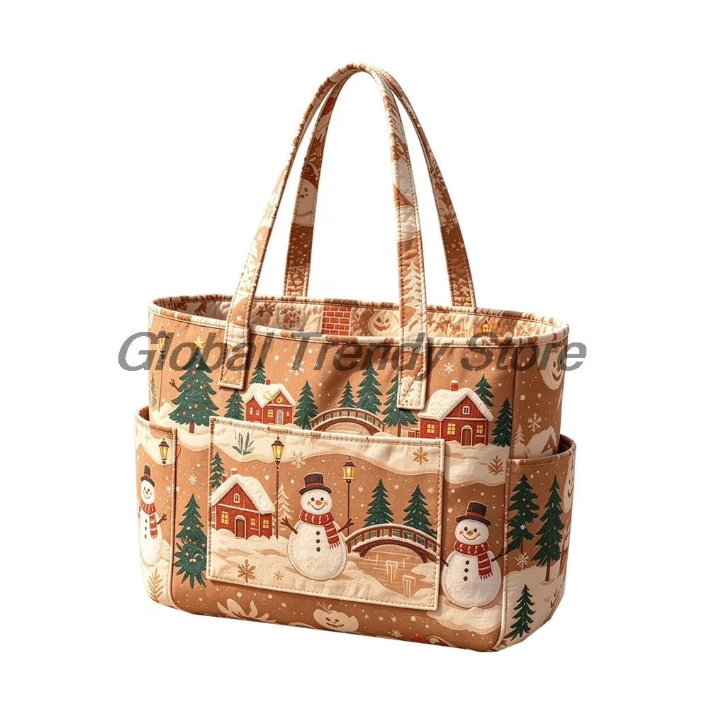 Christmas Festival Print Multi-pocket Quilted Tote Bag Xmas Holiday Pattern Shoulder Handbag Women Shopping Bags