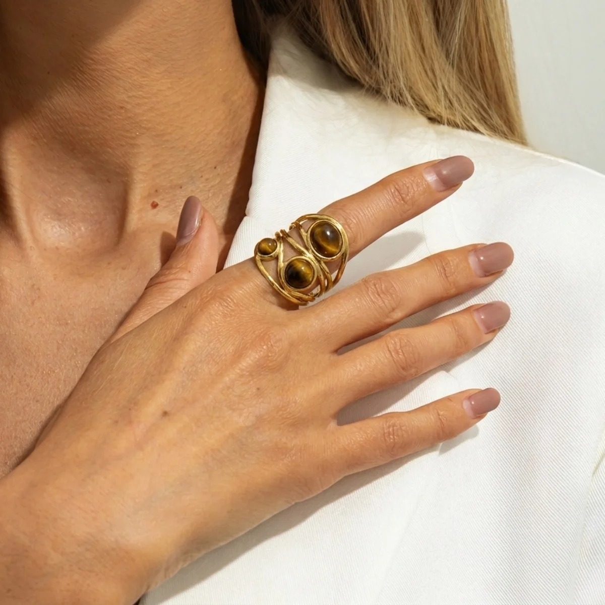 Retro-Ringe mit unregelmäßigem Lava- und Tigerauge-Stein für Damen und Herren, Edelstahl, geometrische Textur, Fingerring, ästhetischer Schmuck – Detail 20