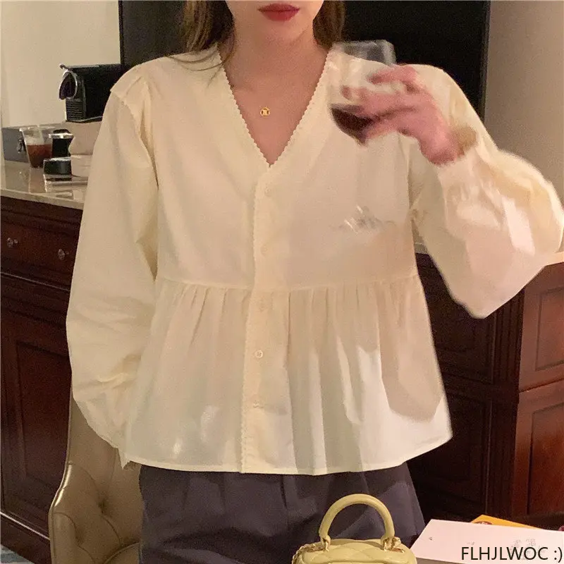 2023 New Basic Shirt Single Breasted Button Blouse Cute Preppy Style Japan Korea Chic Vintage White Women Cotton Peplum Tops