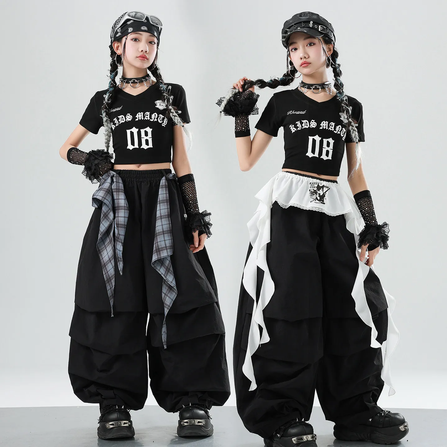 

Костюмы для джазовых танцев для девочек 2026: черные укороченные топы, свободные брюки, уличная одежда для хип-хопа и рейва XH4181