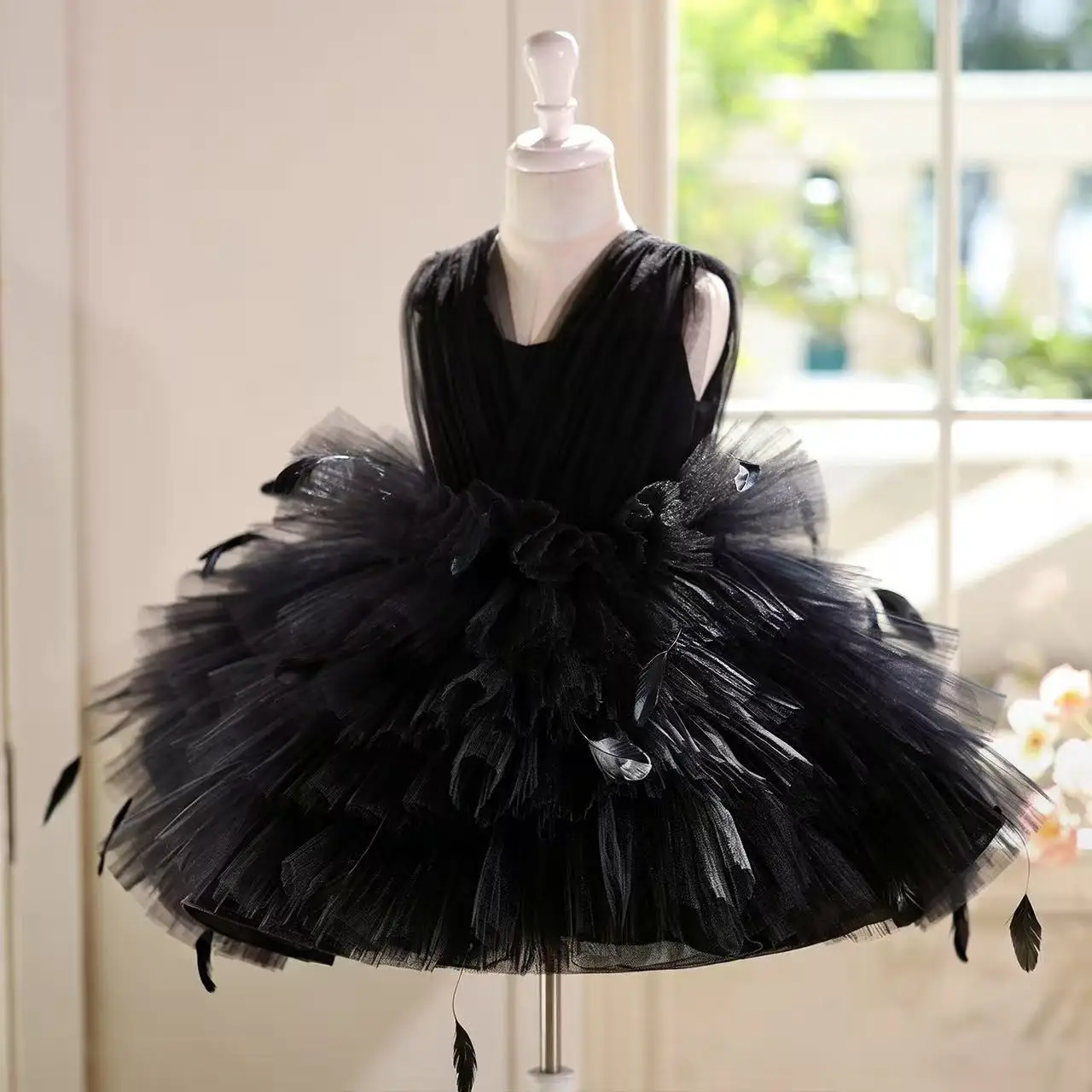Elegant Black Princess Dress For Girls Luxury Formal Host Gown Piano Performance Birthday Party Kids Show Costume 4-9Y