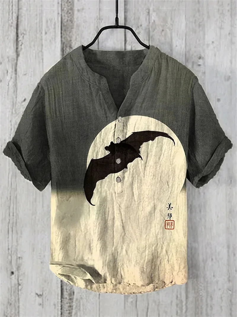 

Big Bird Moon Viewing Art Printed Linen Blended V-neck Men's Fashion Shirt