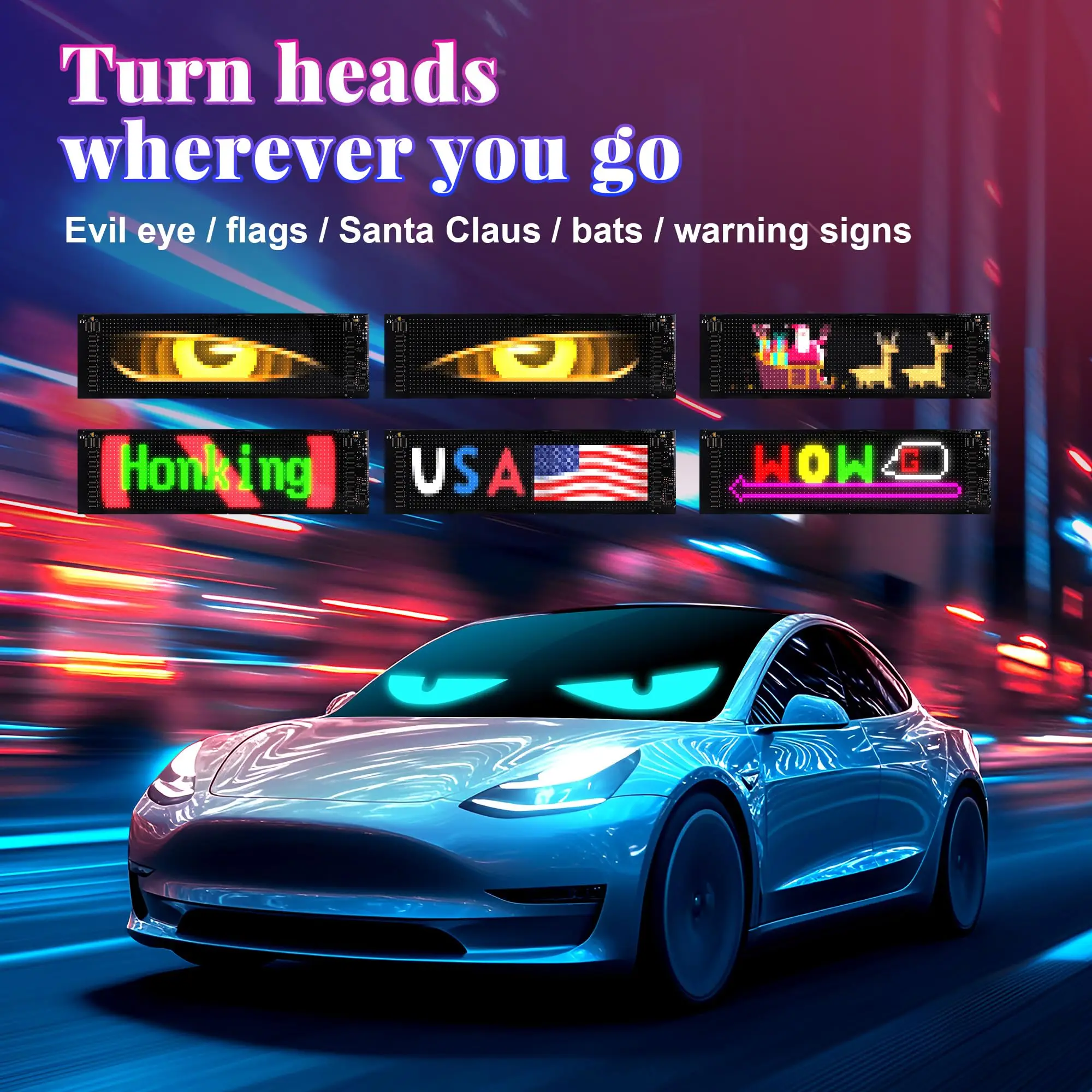 led Eyes Display 96x16 LED Sign 23.4"x4.73" USB 5V Programmable Scrolling Text/Animation | APP + Remote for Car/Store Ads
