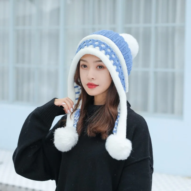 Women Winter Peruvian Cover Ears Beanie Hat Ear Flaps Sherpa Ski Snow Hats Knit Fleece Lined 3 Pom Pom