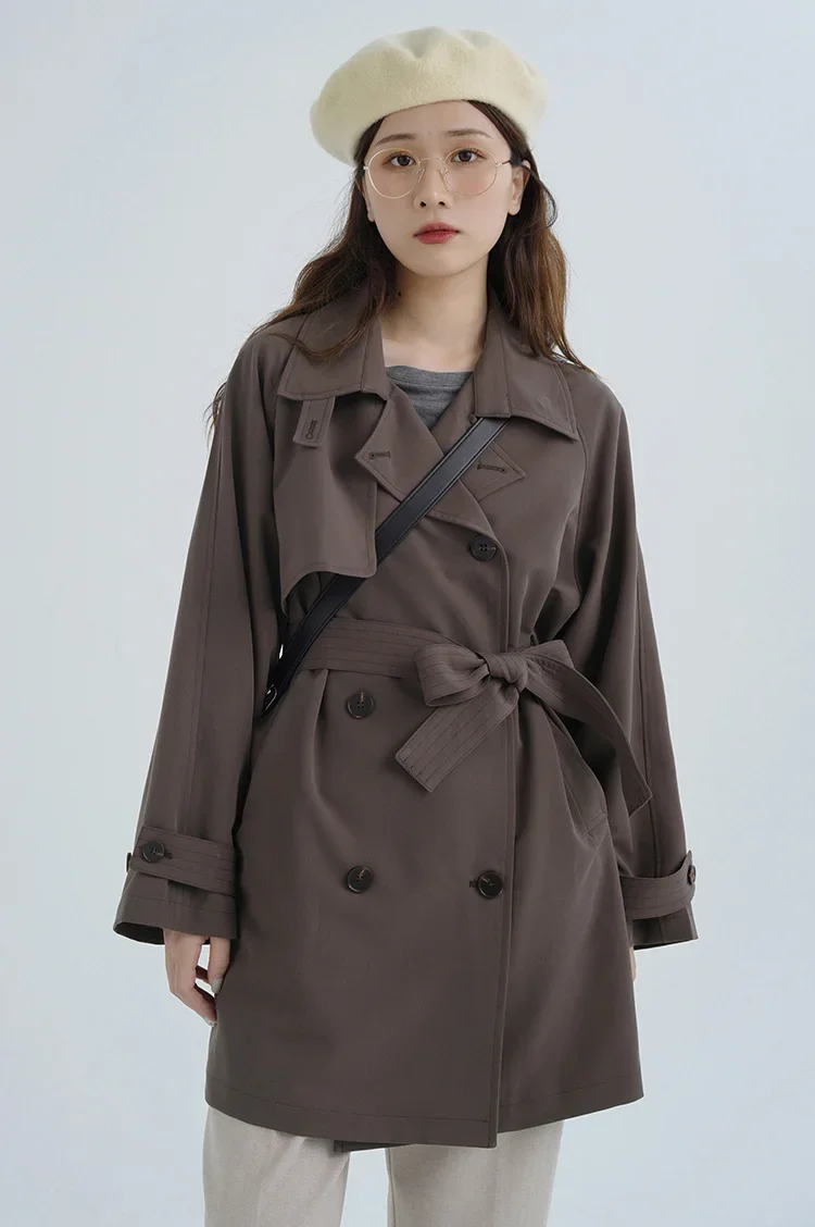 Women Spring Fall Short Trench Coat Korean Style Loose Fit Casual Khaki Jacket Petite-Friendly Versatile and Stylish Outerwear