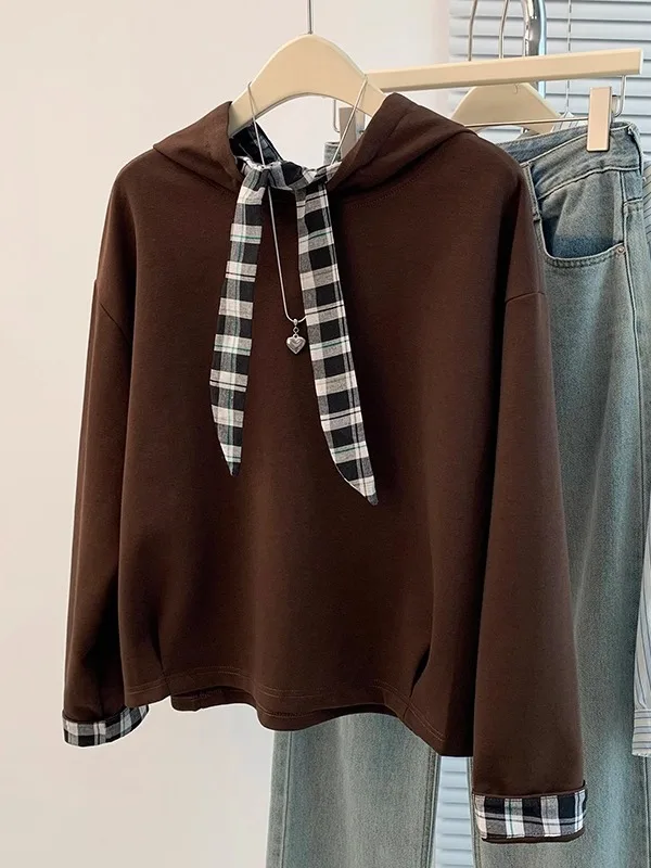 Large Size Women's Hoodie Patchwork Plaid Shoulder Length Sweatshirt Korean Style Commute Wind Regular Sleeve Long Sleeve