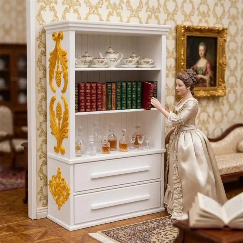 Doll House Study Room Bookshelf Decors, 1:12 Miniature Furniture with European Styling, Open Storage Shelves, 2 Drawer