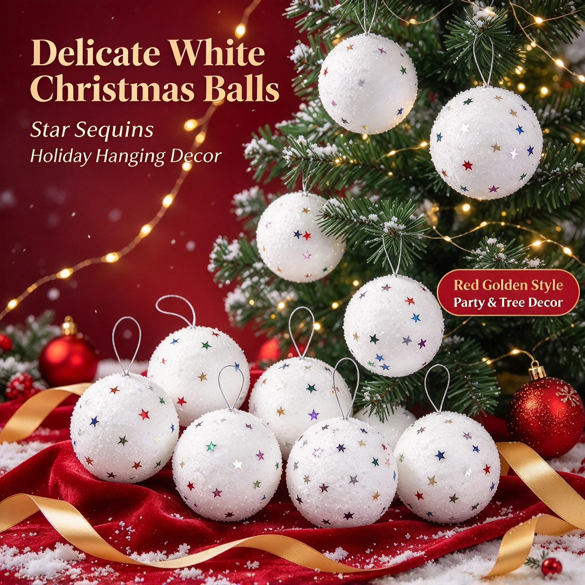Christmas Tree Hanging Decor White Foam Snow Balls with Star Sequins Lightweight Xmas Baubles Winter Party Photo Props