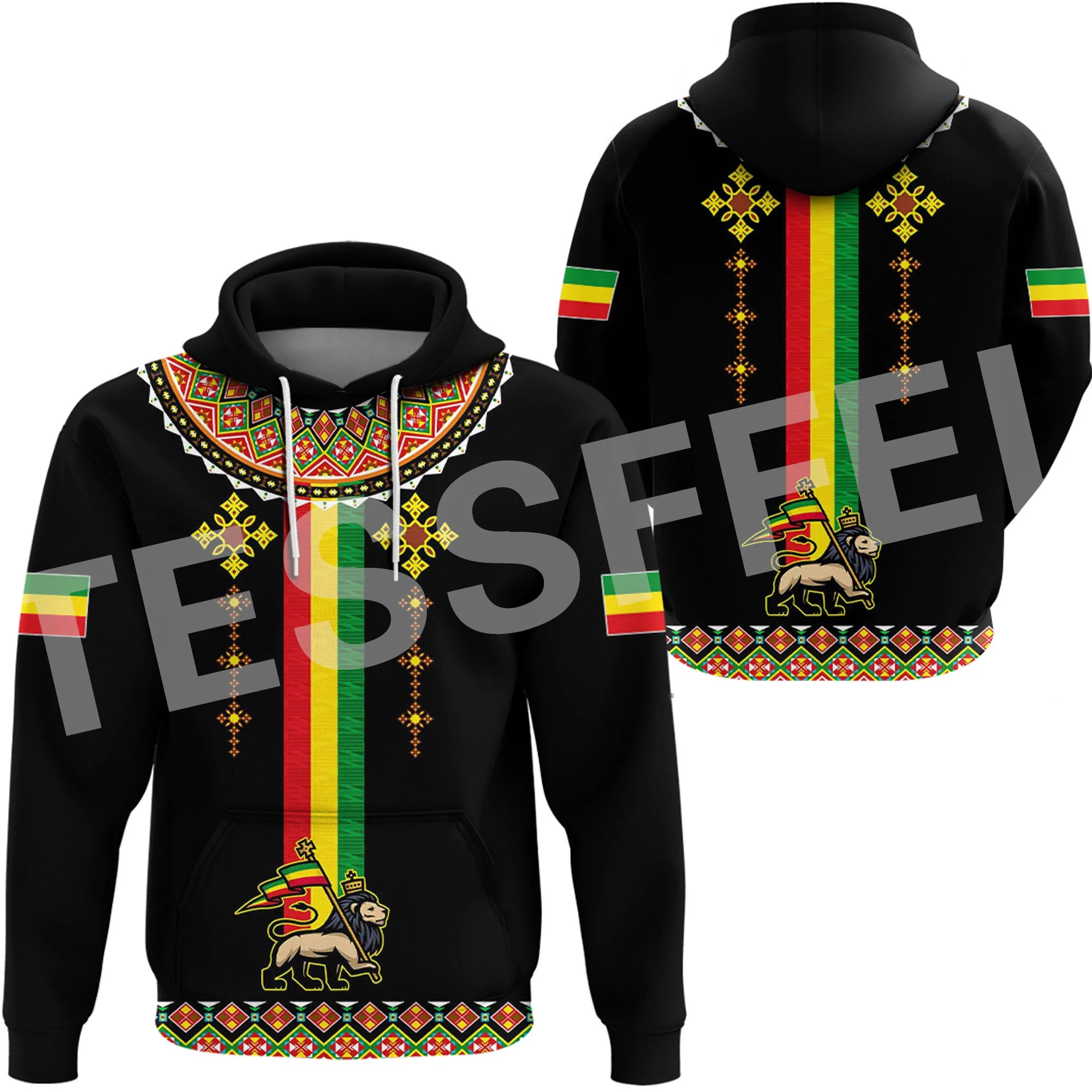 Africa Country Flag Lion Ethiopia Church Reggae Tribel Tattoo Streetwear Tracksuit 3DPrint Unisex Casual Funny Jacket Hoodies 2X