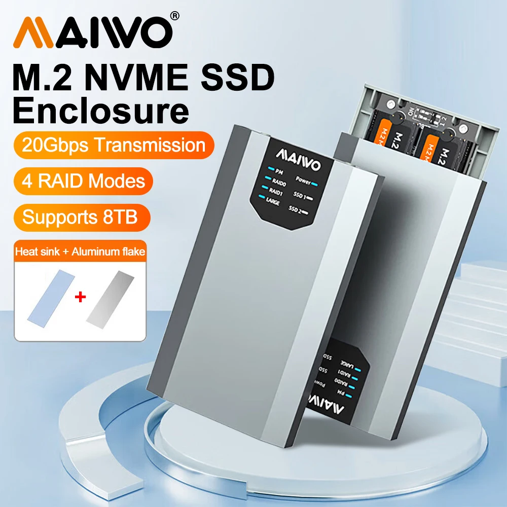 

MAIWO M.2 Nvme Solid-state Mobile Hard Drive Box Type-C M.2 NVMe 20Gbps Protocol Dual-bay Aluminum Alloy Shell With 4 RAID Modes