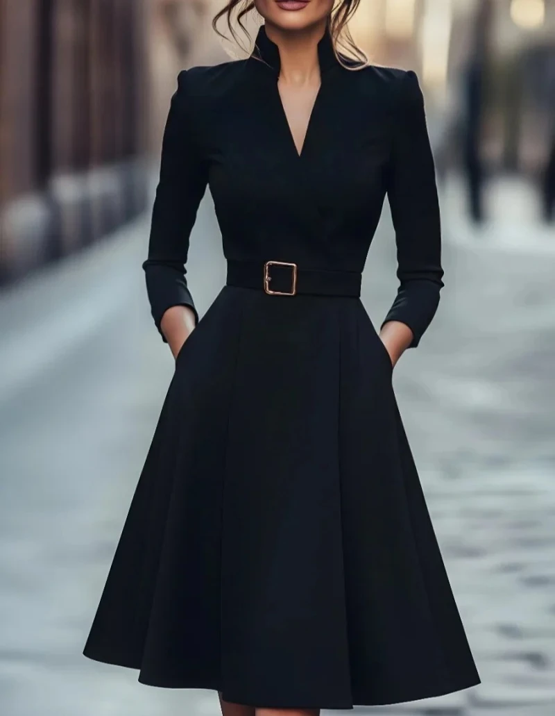 

Autumn and winter temperament commuting waist slimming long-sleeved A-shaped medium-long belt skirt for women