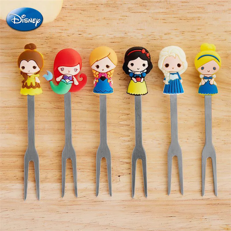 Disney Princess Stainless Steel Dessert Fruit Forks Set Frozen Elsa Anna Child Safety Fork With Ceramic Jars Kids Fruit Forks