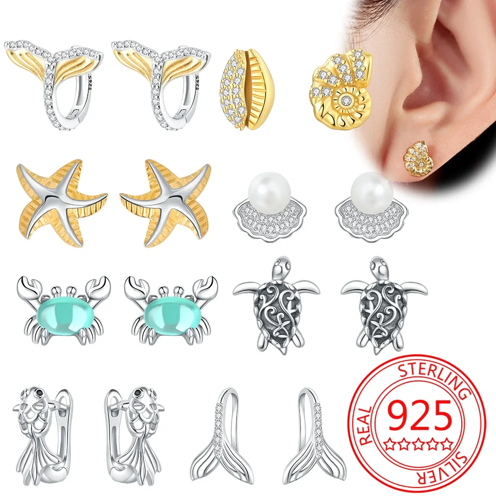 2024 New 925 Sterling Silver Earrings Conch Mermaid Starfish Crab Shell Pearl Earrings Luxury Exquisite for Women Jewelry Gift